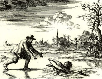 ▲더크 윌렘스(Dirk Willems) 1569년 이단으로 몰려 도망치던 중 자신을 쫓는 경비병이 빙판에 빠지자 그를 구하고 결국 붙잡혀 순교했다.